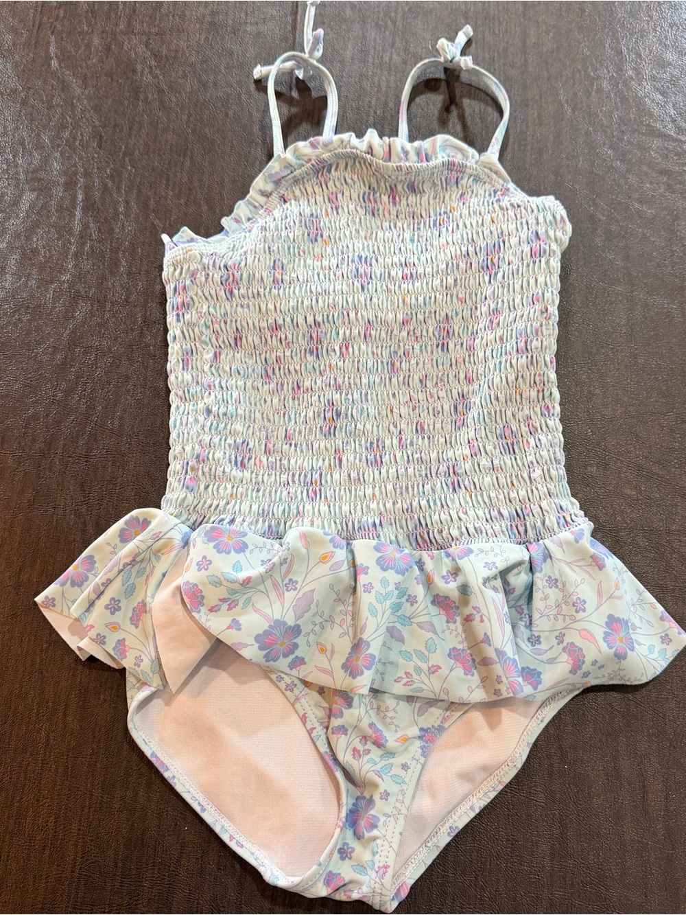 Girls' Pastel Floral Smocked One-Piece Swimsuit with Ruffles. Ruffle butts Sz 7